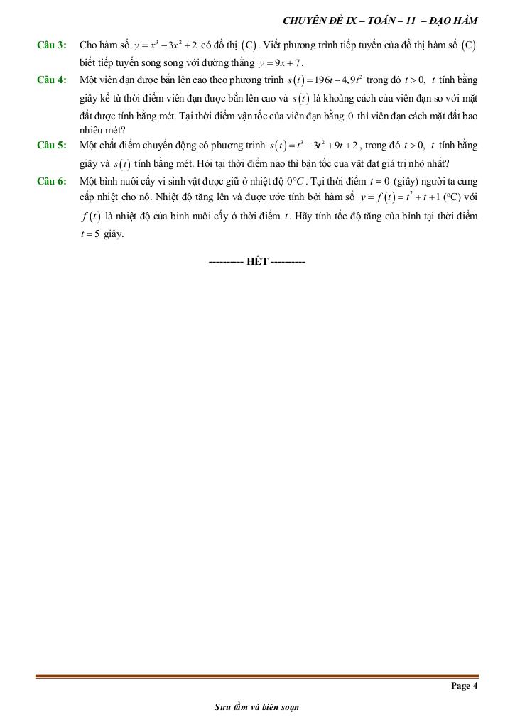 đề kiểm tra theo bài học chủ đề đạo hàm 3