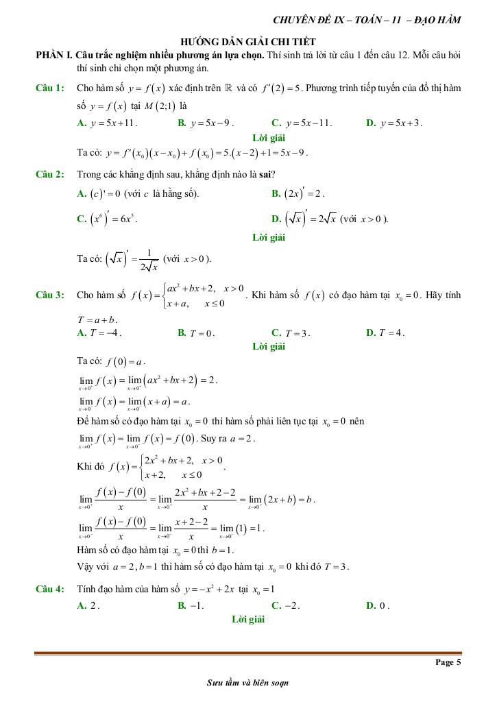 đề kiểm tra theo bài học chủ đề đạo hàm 4