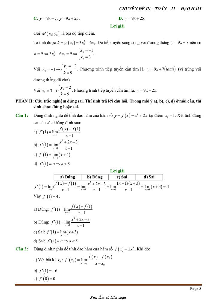 đề kiểm tra theo bài học chủ đề đạo hàm 7