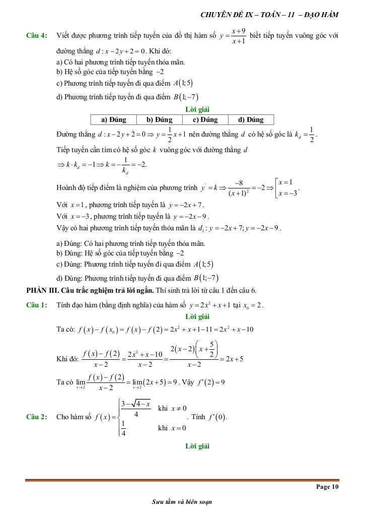 đề kiểm tra theo bài học chủ đề đạo hàm 9
