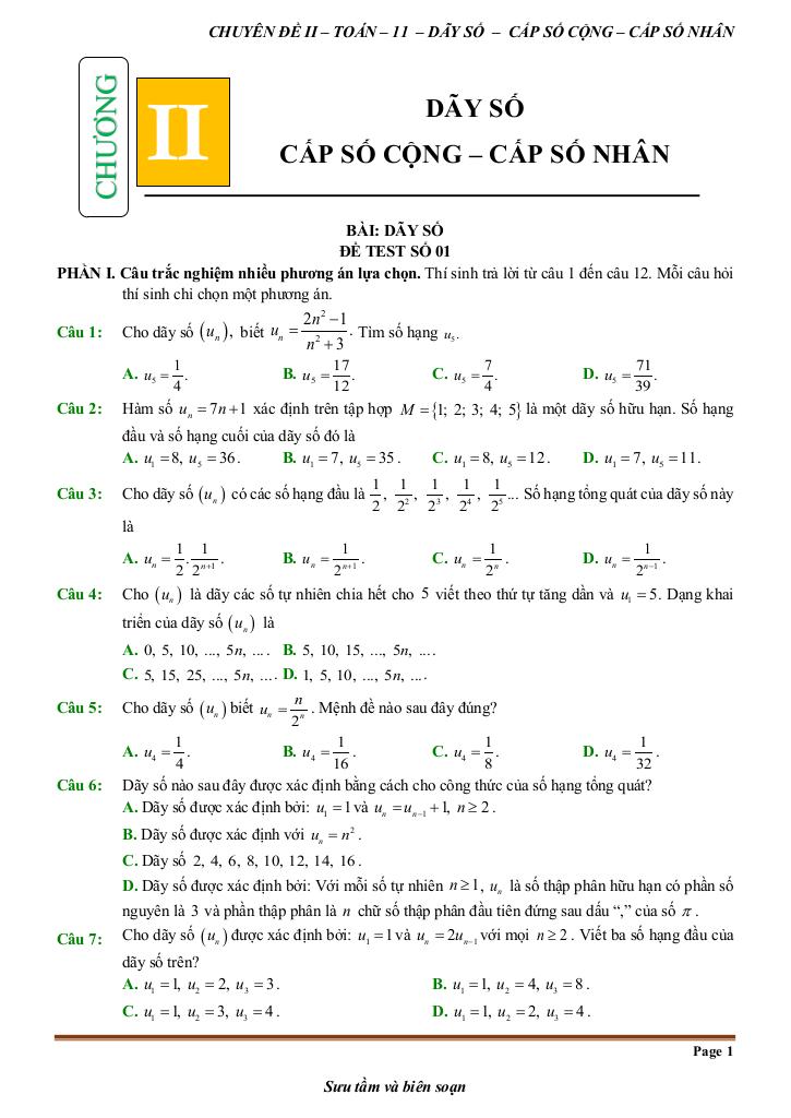 đề kiểm tra theo bài học chủ đề dãy số, cấp số cộng và cấp số nhân 0
