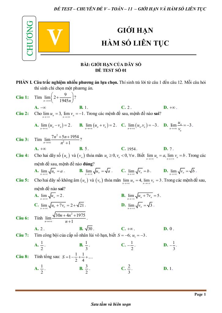 đề kiểm tra theo bài học chủ đề giới hạn, hàm số liên tục 0