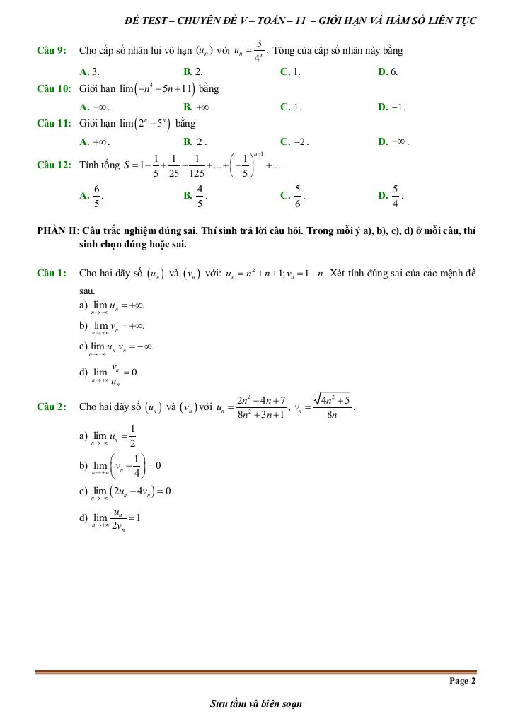 đề kiểm tra theo bài học chủ đề giới hạn, hàm số liên tục 1