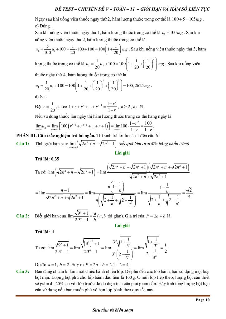 đề kiểm tra theo bài học chủ đề giới hạn, hàm số liên tục 9