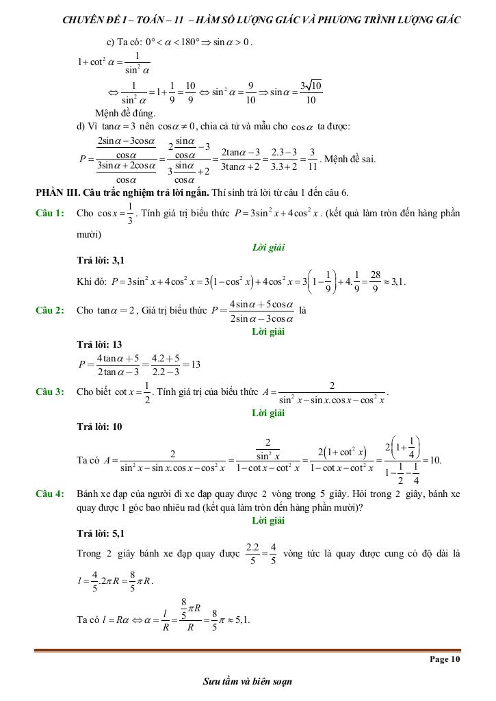 đề kiểm tra theo bài học chủ đề hàm số lượng giác và phương trình lượng giác 9