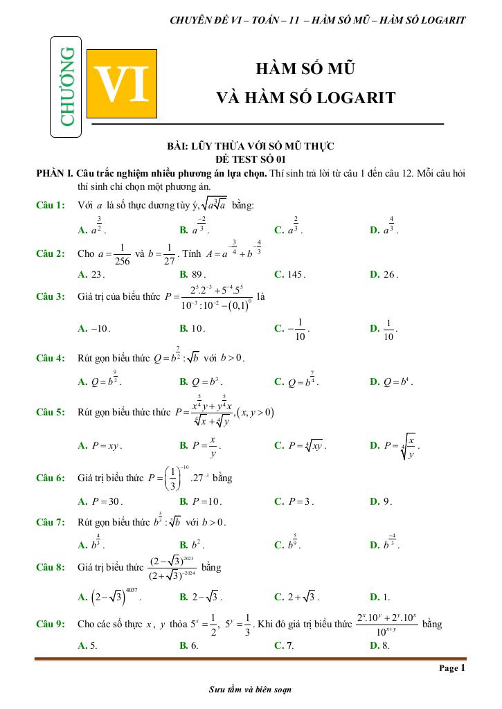 đề kiểm tra theo bài học chủ đề hàm số mũ và hàm số lôgarit 0
