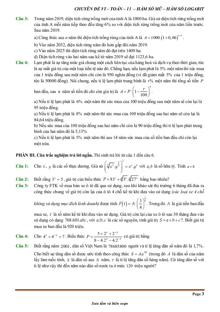 đề kiểm tra theo bài học chủ đề hàm số mũ và hàm số lôgarit 2