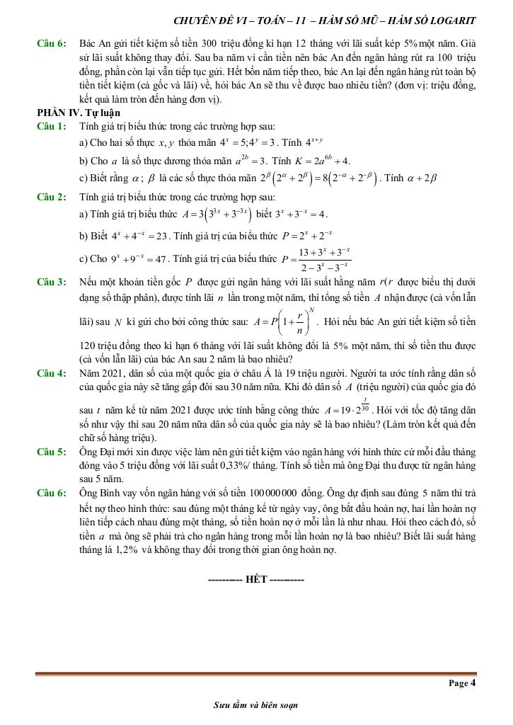 đề kiểm tra theo bài học chủ đề hàm số mũ và hàm số lôgarit 3