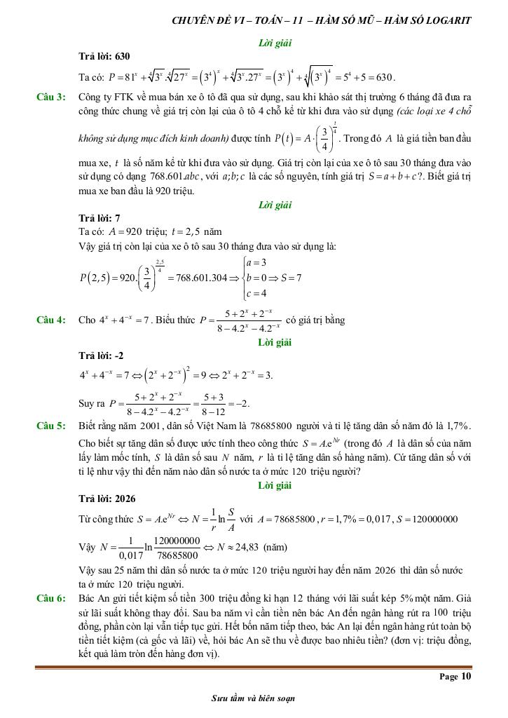 đề kiểm tra theo bài học chủ đề hàm số mũ và hàm số lôgarit 9