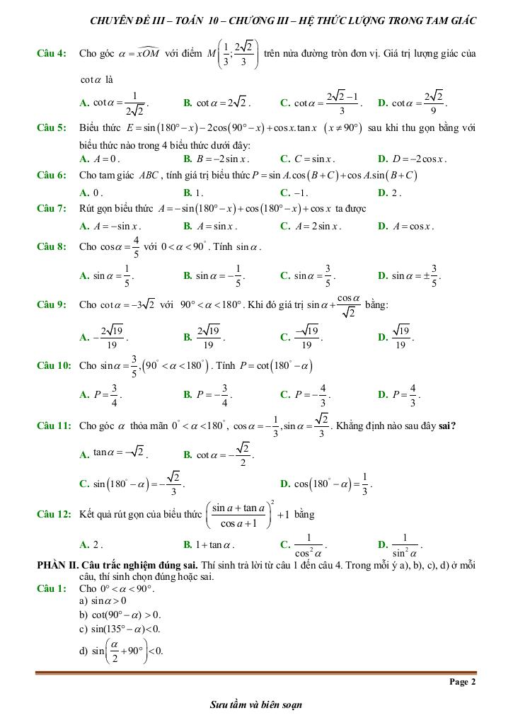 đề kiểm tra theo bài học chủ đề hệ thức lượng trong tam giác 1