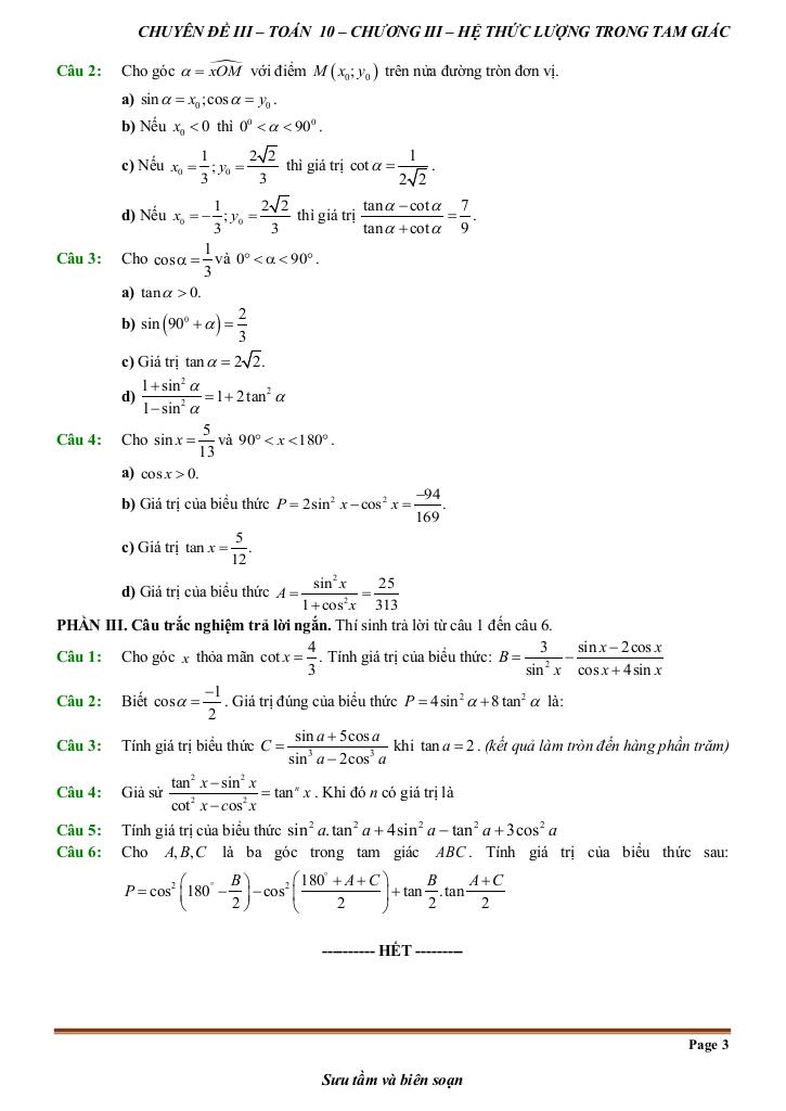 đề kiểm tra theo bài học chủ đề hệ thức lượng trong tam giác 2