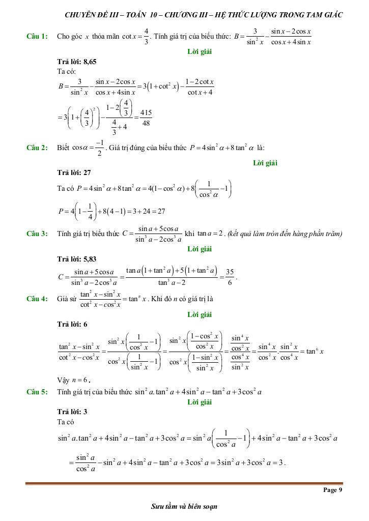 đề kiểm tra theo bài học chủ đề hệ thức lượng trong tam giác 8