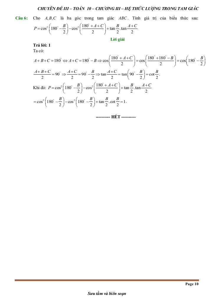 đề kiểm tra theo bài học chủ đề hệ thức lượng trong tam giác 9
