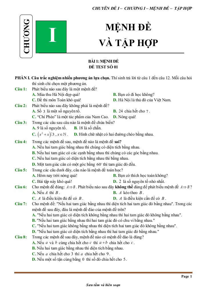 đề kiểm tra theo bài học chủ đề mệnh đề và tập hợp 0