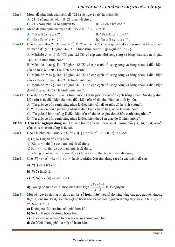 đề kiểm tra theo bài học chủ đề mệnh đề và tập hợp 1