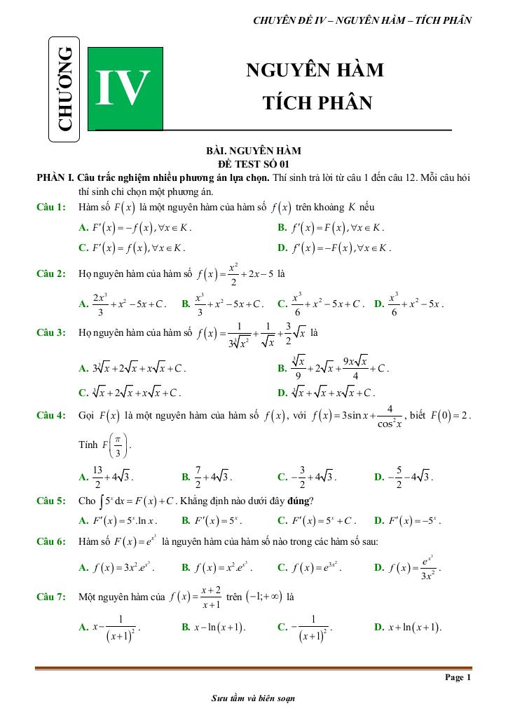 đề kiểm tra theo bài học chủ đề nguyên hàm và tích phân 0