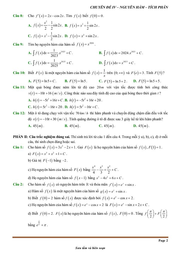 đề kiểm tra theo bài học chủ đề nguyên hàm và tích phân 1