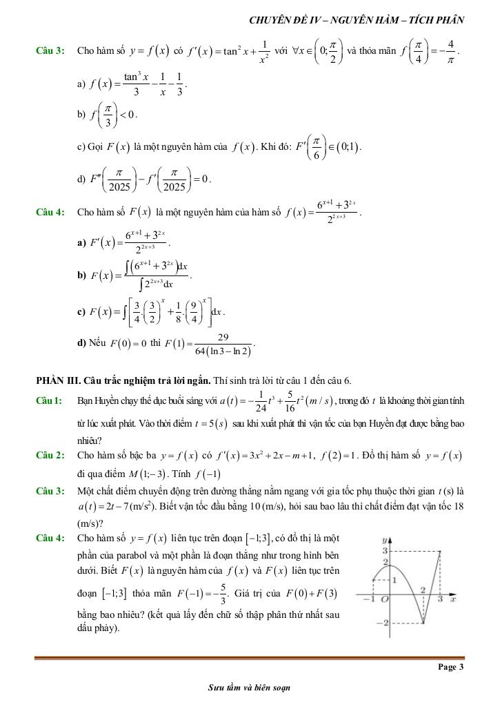 đề kiểm tra theo bài học chủ đề nguyên hàm và tích phân 2