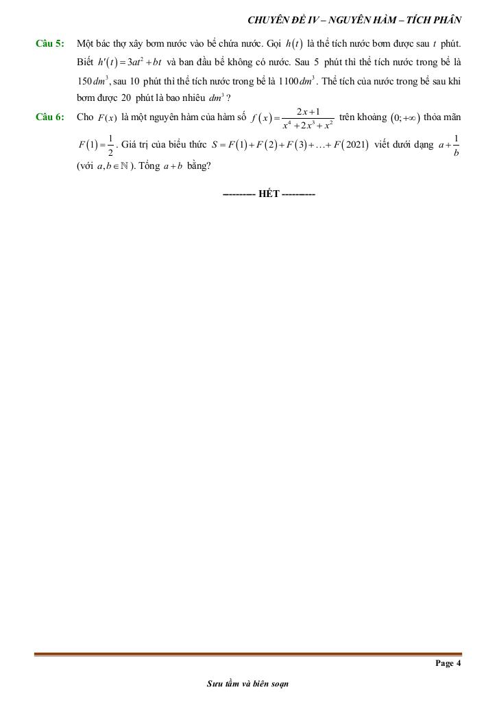 đề kiểm tra theo bài học chủ đề nguyên hàm và tích phân 3