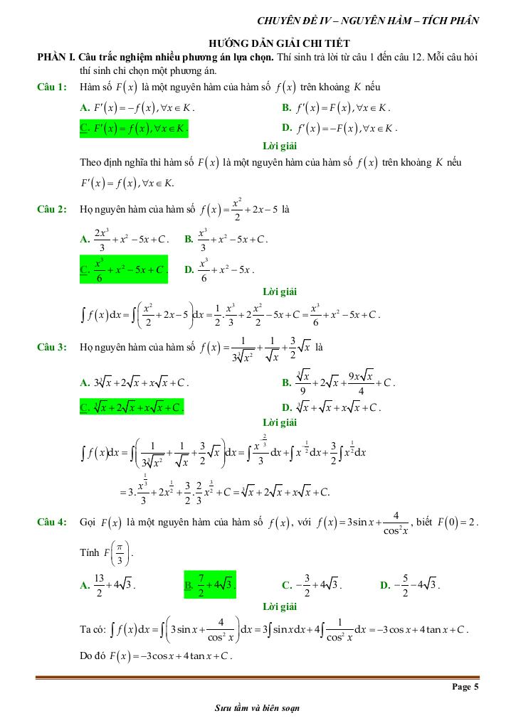 đề kiểm tra theo bài học chủ đề nguyên hàm và tích phân 4