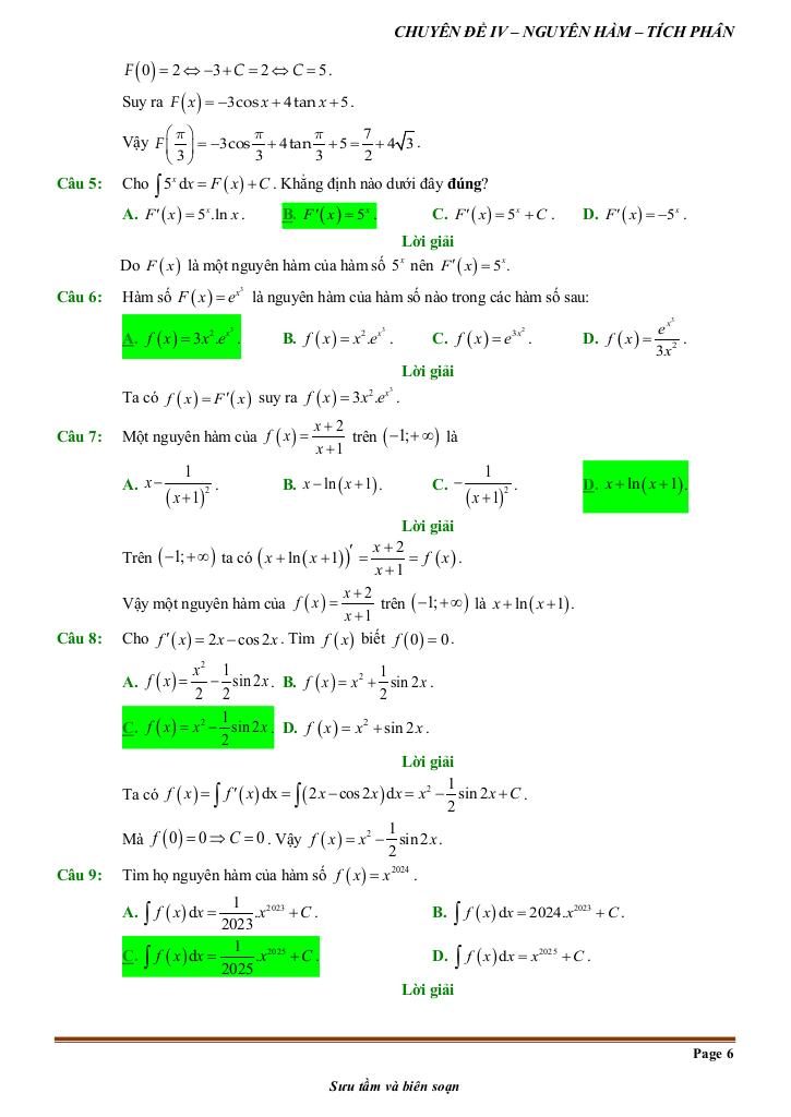 đề kiểm tra theo bài học chủ đề nguyên hàm và tích phân 5