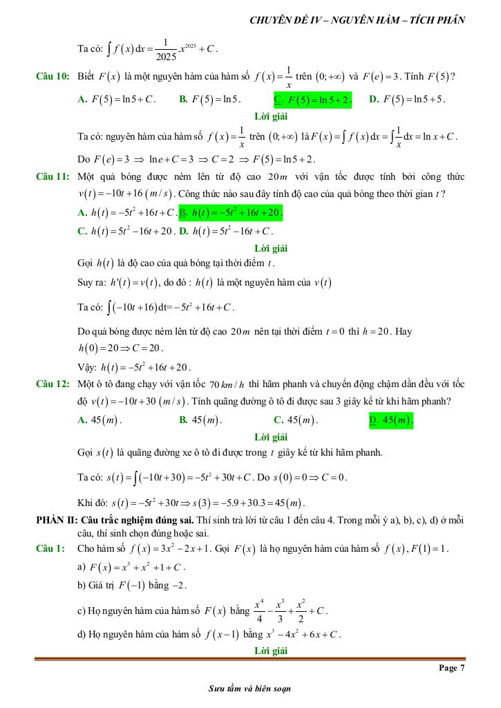 đề kiểm tra theo bài học chủ đề nguyên hàm và tích phân 6