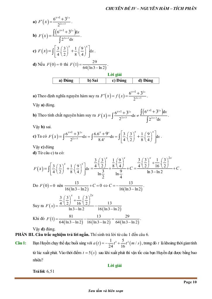 đề kiểm tra theo bài học chủ đề nguyên hàm và tích phân 9
