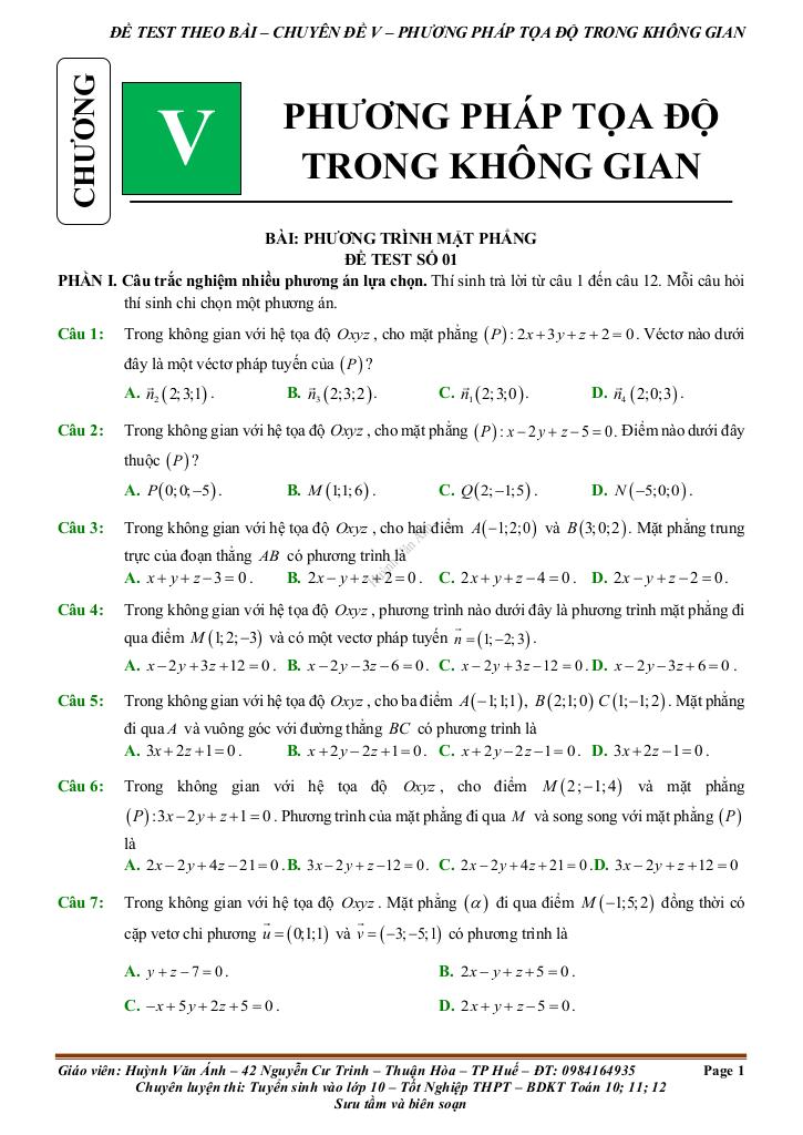 đề kiểm tra theo bài học chủ đề phương pháp tọa độ trong không gian 0