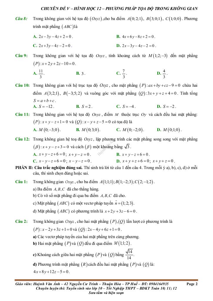 đề kiểm tra theo bài học chủ đề phương pháp tọa độ trong không gian 1