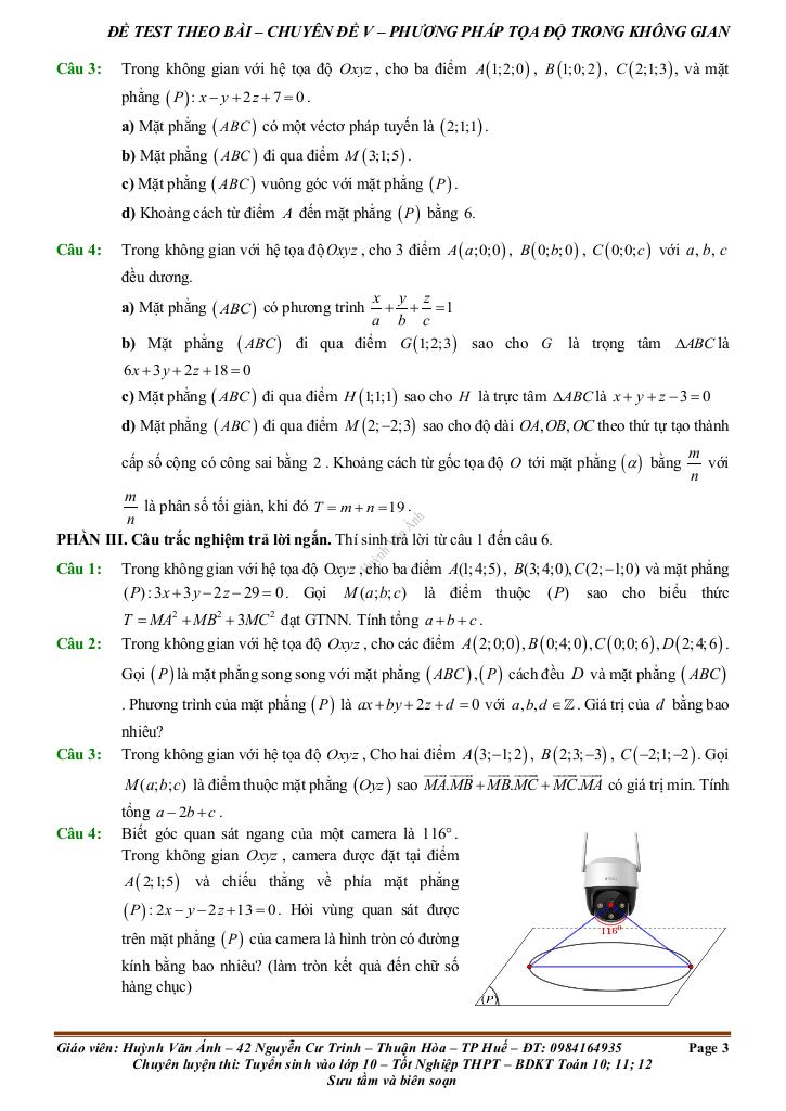 đề kiểm tra theo bài học chủ đề phương pháp tọa độ trong không gian 2