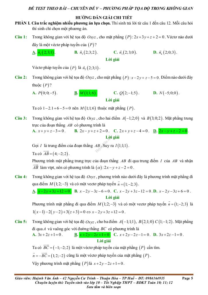 đề kiểm tra theo bài học chủ đề phương pháp tọa độ trong không gian 4