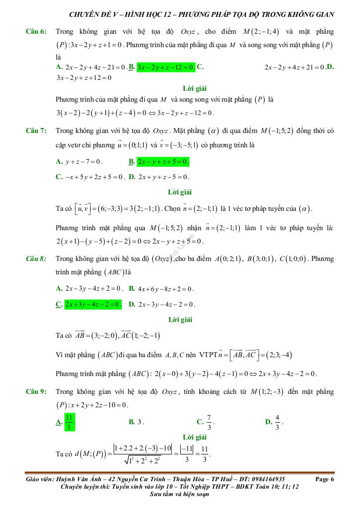 đề kiểm tra theo bài học chủ đề phương pháp tọa độ trong không gian 5