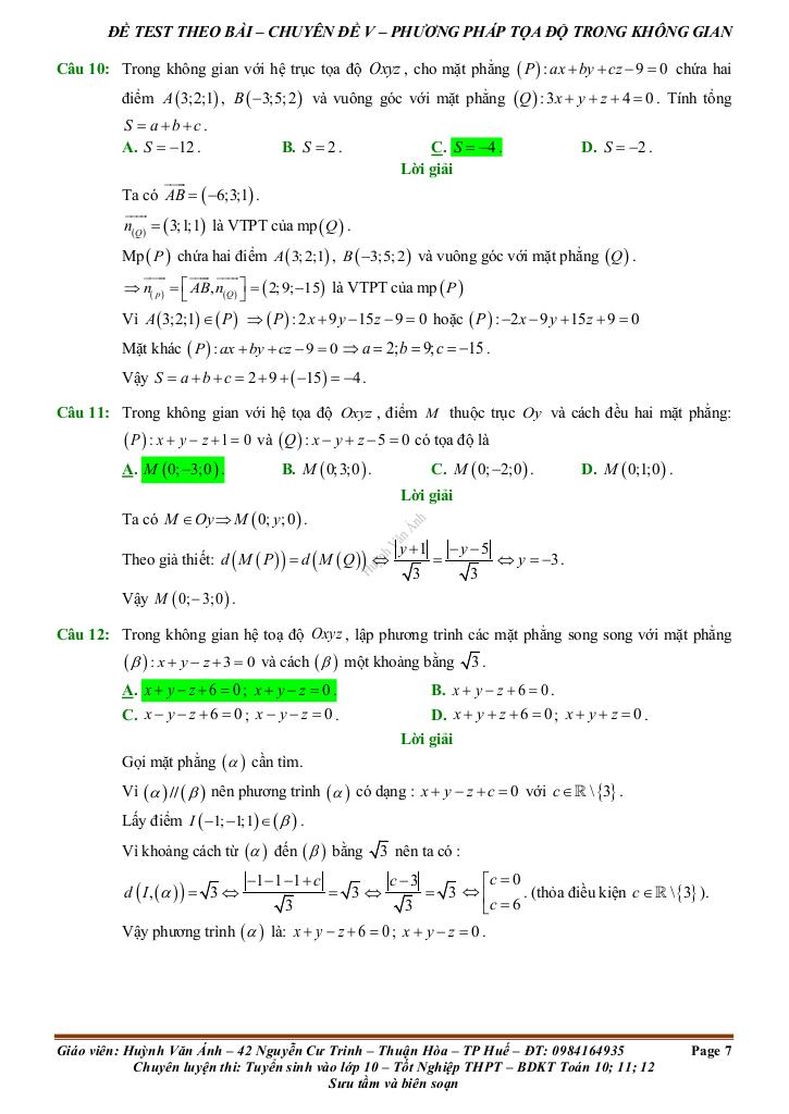 đề kiểm tra theo bài học chủ đề phương pháp tọa độ trong không gian 6