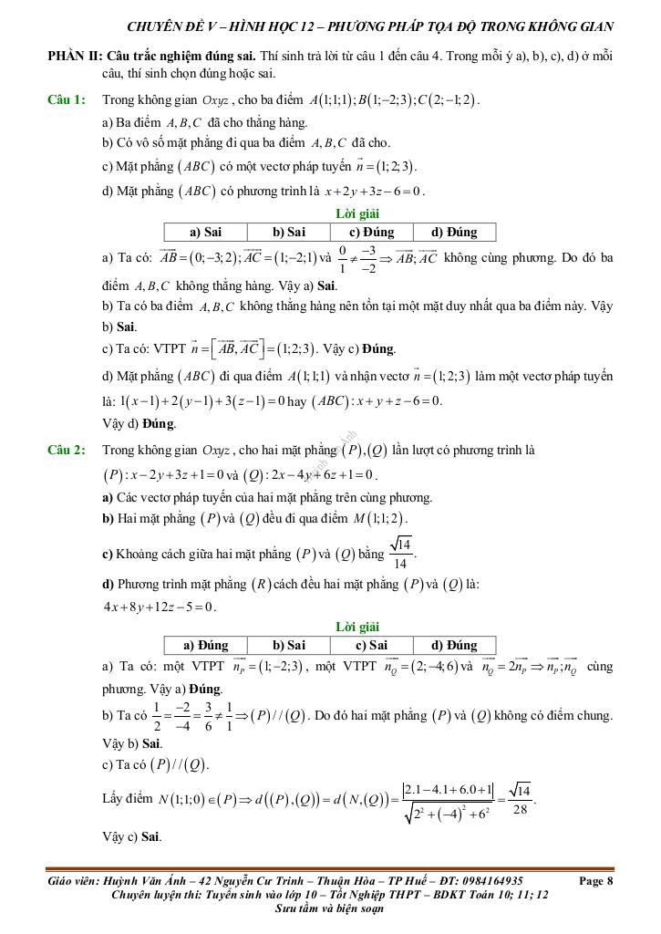 đề kiểm tra theo bài học chủ đề phương pháp tọa độ trong không gian 7