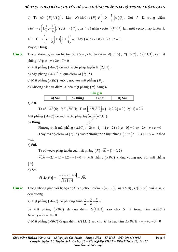 đề kiểm tra theo bài học chủ đề phương pháp tọa độ trong không gian 8