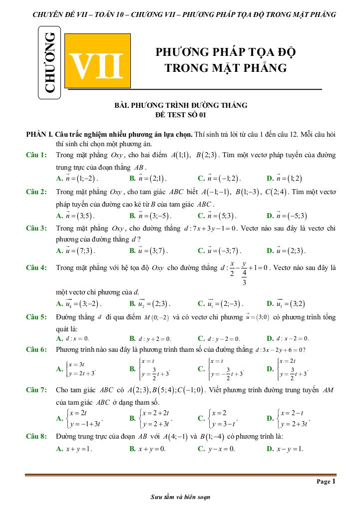 đề kiểm tra theo bài học chủ đề phương pháp tọa độ trong mặt phẳng 0