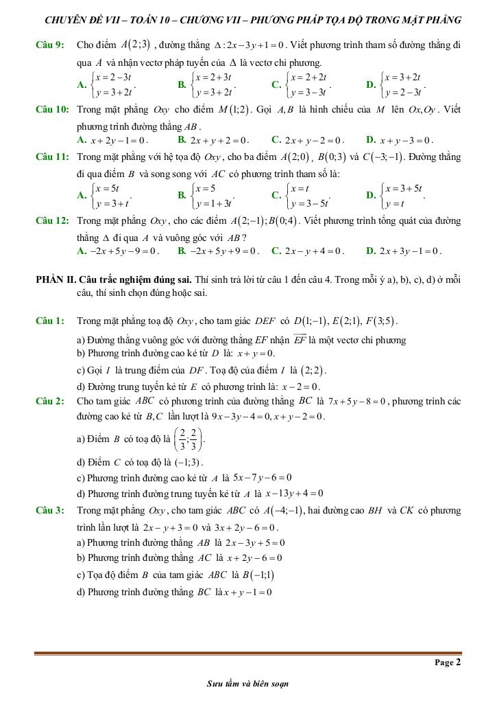 đề kiểm tra theo bài học chủ đề phương pháp tọa độ trong mặt phẳng 1
