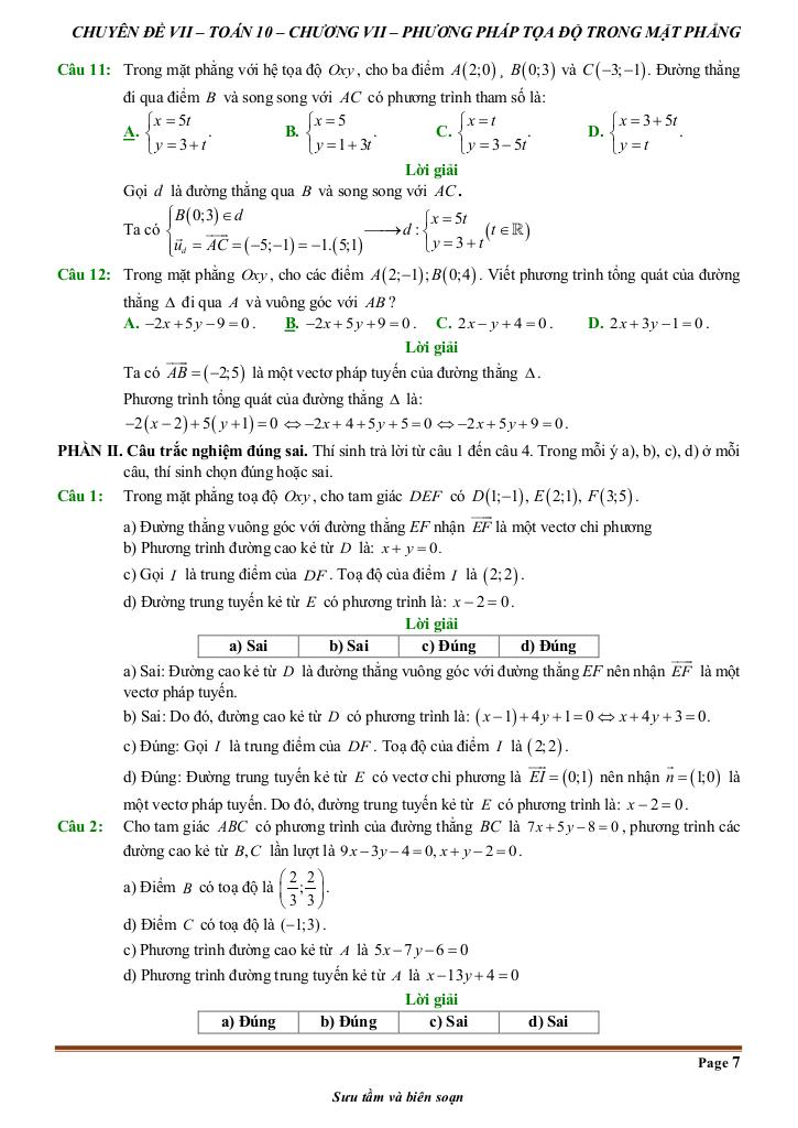 đề kiểm tra theo bài học chủ đề phương pháp tọa độ trong mặt phẳng 6