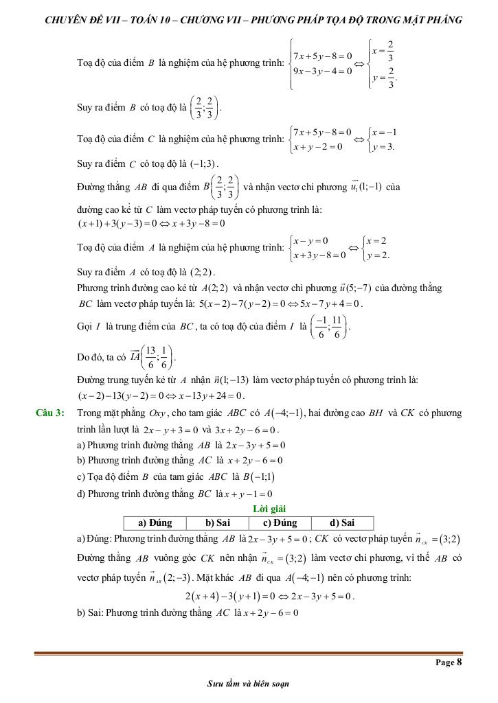 đề kiểm tra theo bài học chủ đề phương pháp tọa độ trong mặt phẳng 7