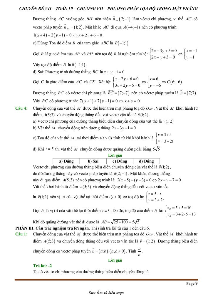 đề kiểm tra theo bài học chủ đề phương pháp tọa độ trong mặt phẳng 8