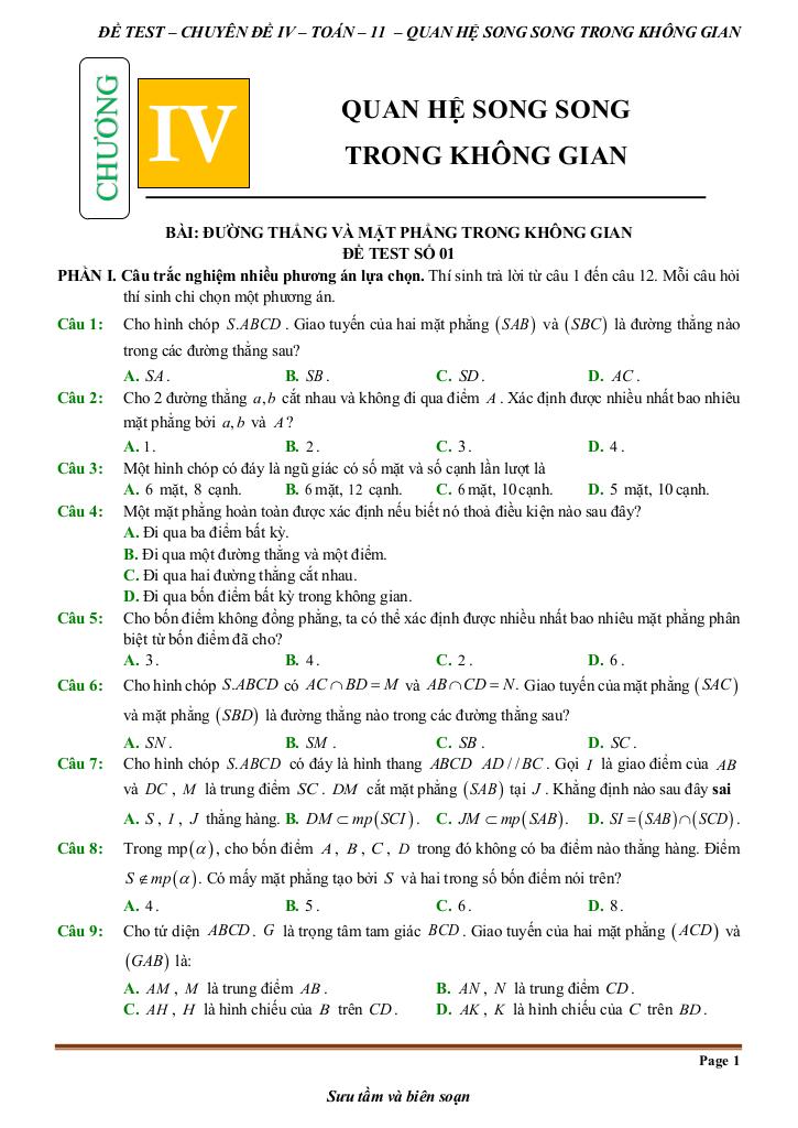 đề kiểm tra theo bài học chủ đề quan hệ song song trong không gian 0