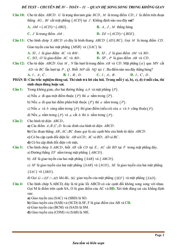 đề kiểm tra theo bài học chủ đề quan hệ song song trong không gian 1