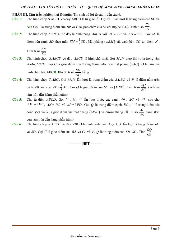 đề kiểm tra theo bài học chủ đề quan hệ song song trong không gian 2