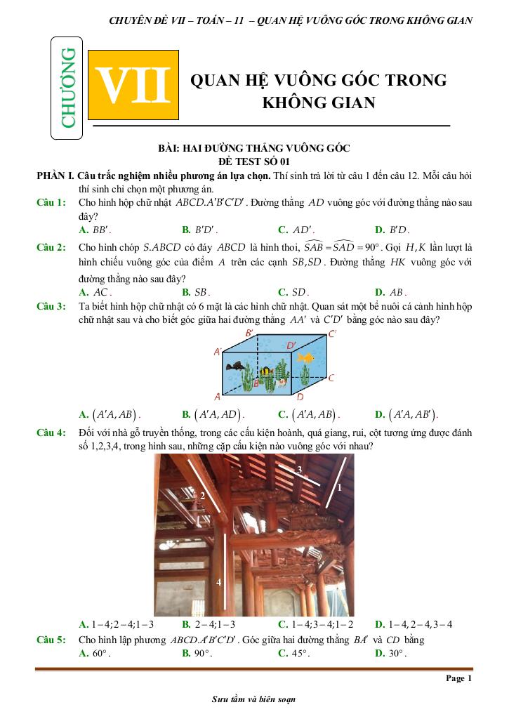 đề kiểm tra theo bài học chủ đề quan hệ vuông góc trong không gian 0