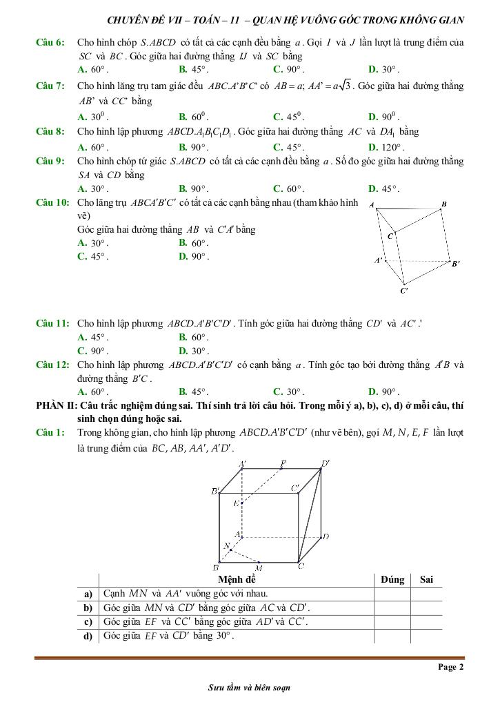 đề kiểm tra theo bài học chủ đề quan hệ vuông góc trong không gian 1