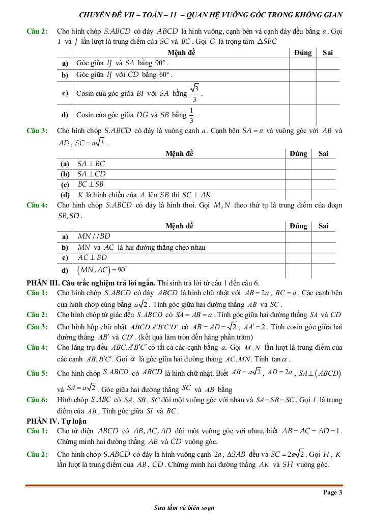 đề kiểm tra theo bài học chủ đề quan hệ vuông góc trong không gian 2