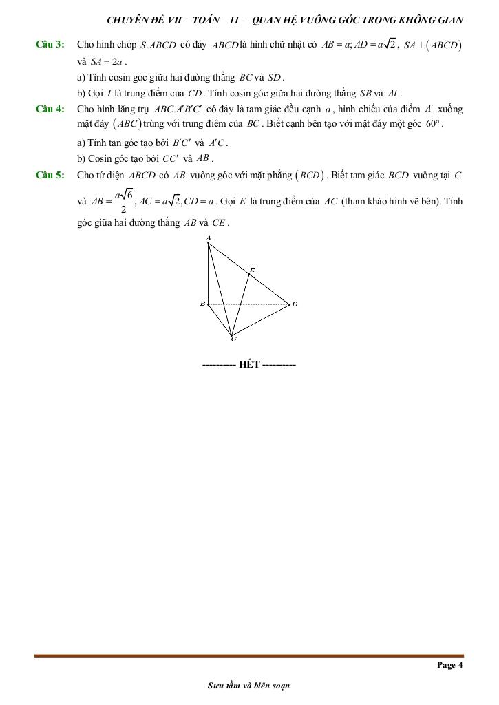 đề kiểm tra theo bài học chủ đề quan hệ vuông góc trong không gian 3