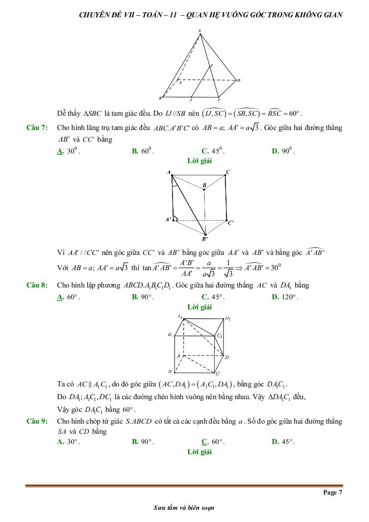 đề kiểm tra theo bài học chủ đề quan hệ vuông góc trong không gian 6