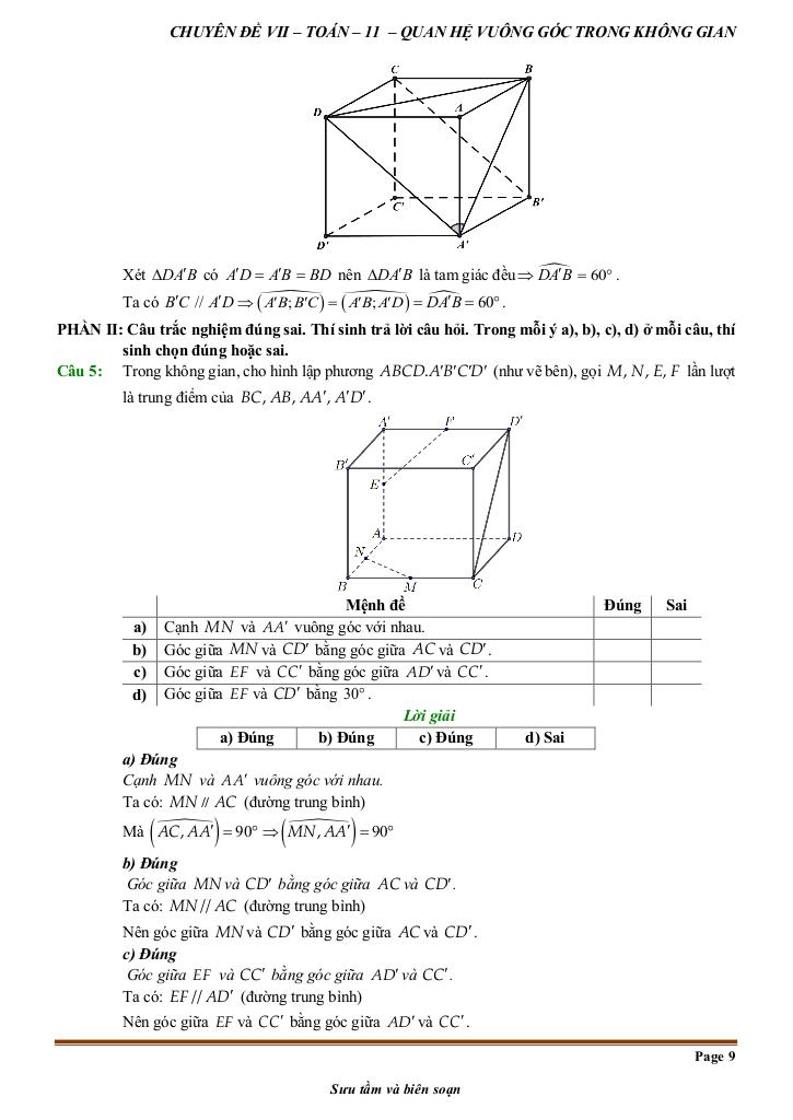 đề kiểm tra theo bài học chủ đề quan hệ vuông góc trong không gian 8