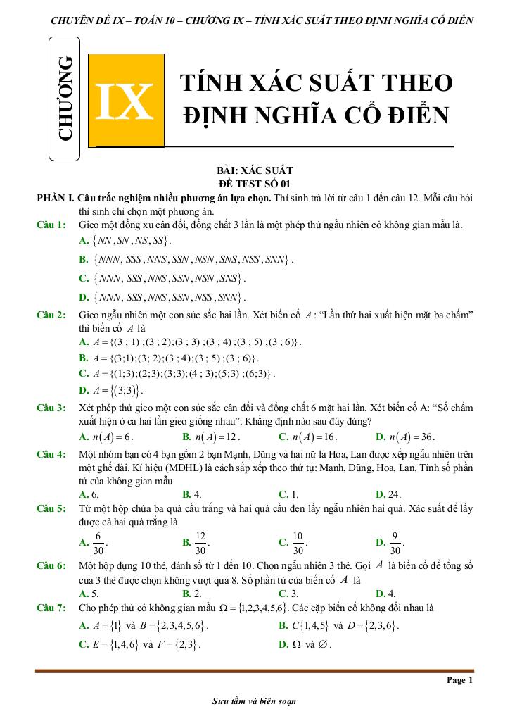 đề kiểm tra theo bài học chủ đề tính xác suất theo định nghĩa cổ điển 0
